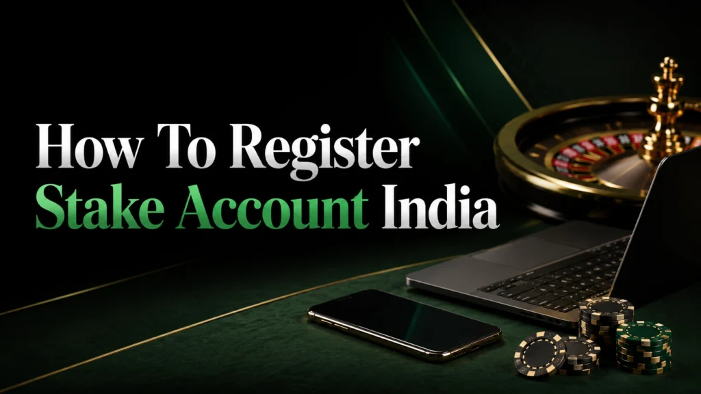 Guide banner with the text "How To Register Stake Account India" showing a laptop, a smartphone, stacked casino chips, and a golden roulette wheel on a dark green surface.